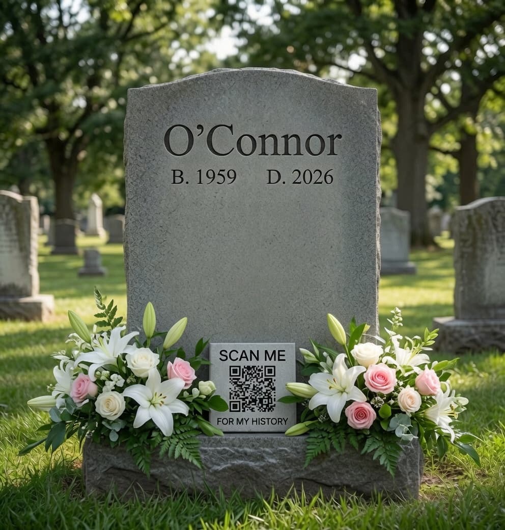 A cemetery headstone with a History Stone QR tile set among fresh flowers