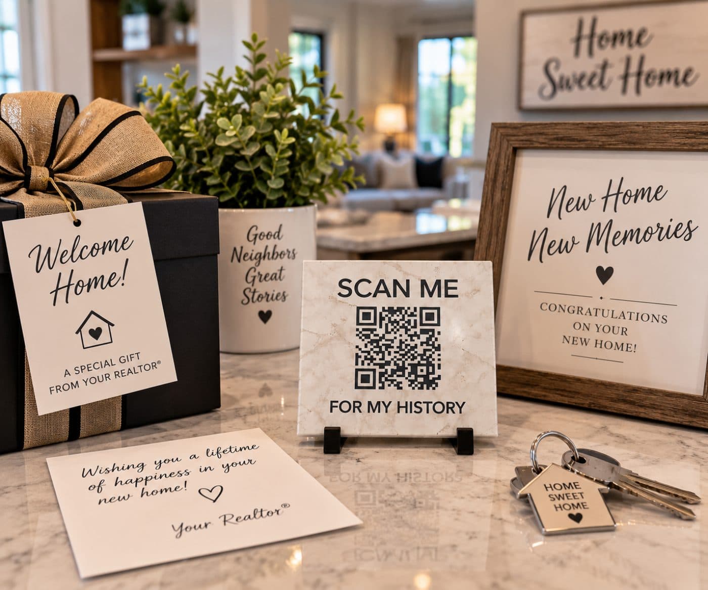 A History Stone on a kitchen counter with a welcome home gift from a realtor