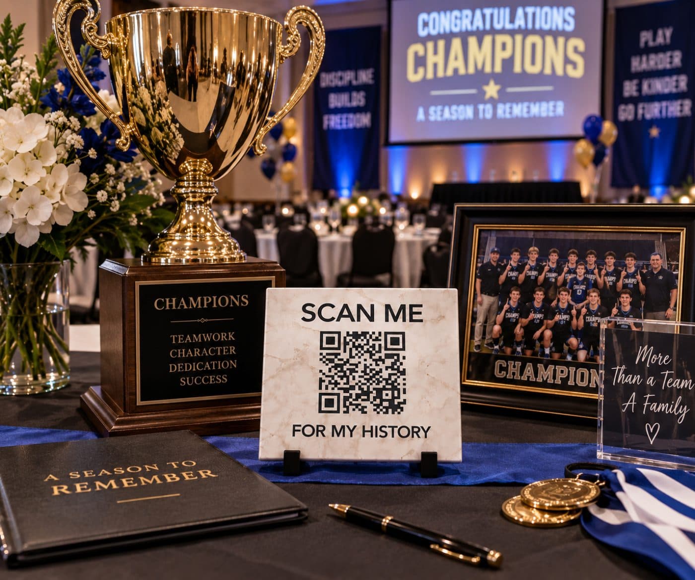 A History Stone at a championship banquet beside a trophy and a framed team photo