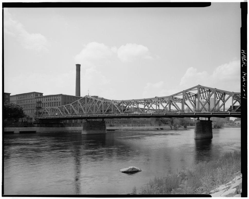 The Boott Cotton Mills from across the Merrimack, photographed for the engineering record in 1982.