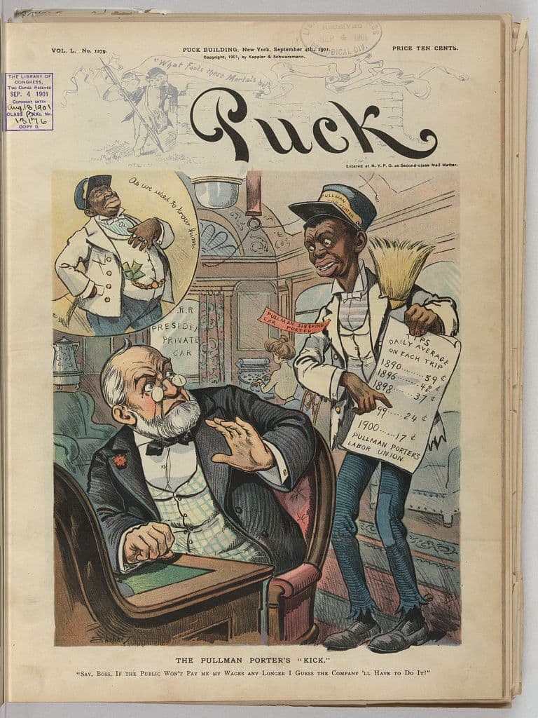 The Pullman porter's kick, a Puck cover of 1901. The figure holds a chart of tips fallen seventy percent.