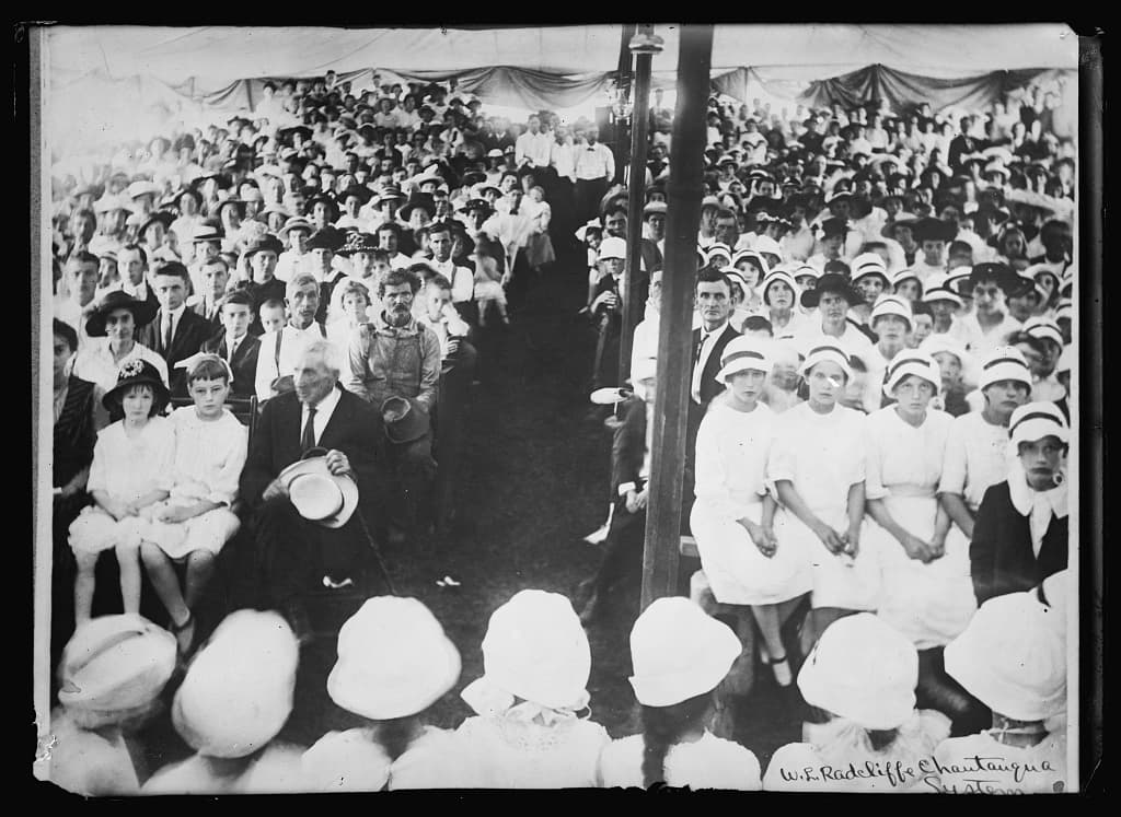 A tent audience at Sandy Hook, Kentucky, twenty five miles from the railroad, August 1919.