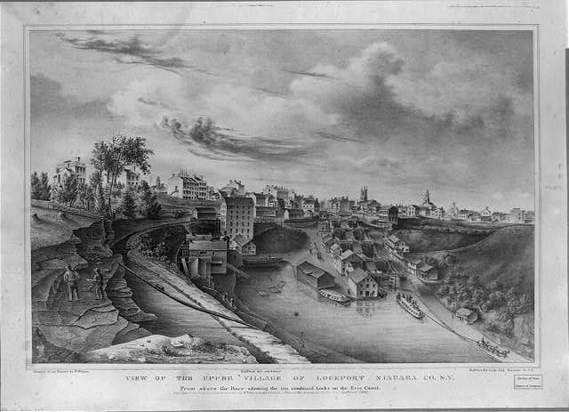 Lockport about 1836, showing the ten combined locks. Printed by J. H. Bufford after W. Wilson.
