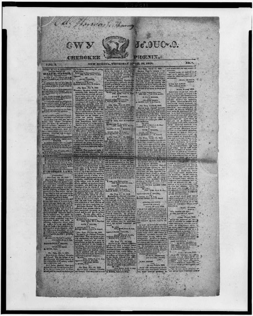 The masthead of the Cherokee Phoenix, printed at New Echota, Georgia, on 10 April 1828.