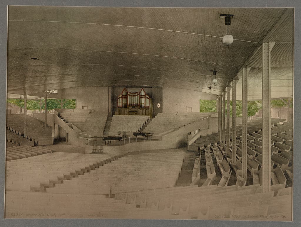 Inside the Amphitheater at the Chautauqua Institution, New York, about 1899.