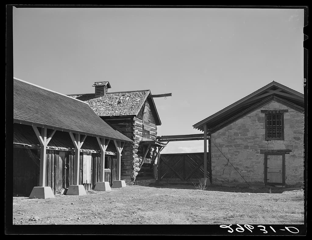 Stables at Fort Bridger, Wyoming, on the route, photographed in March 1940.