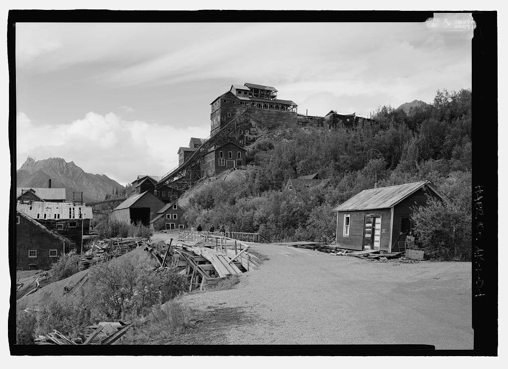 The concentration mill and its high-grade ore chute, recorded after the camp closed.