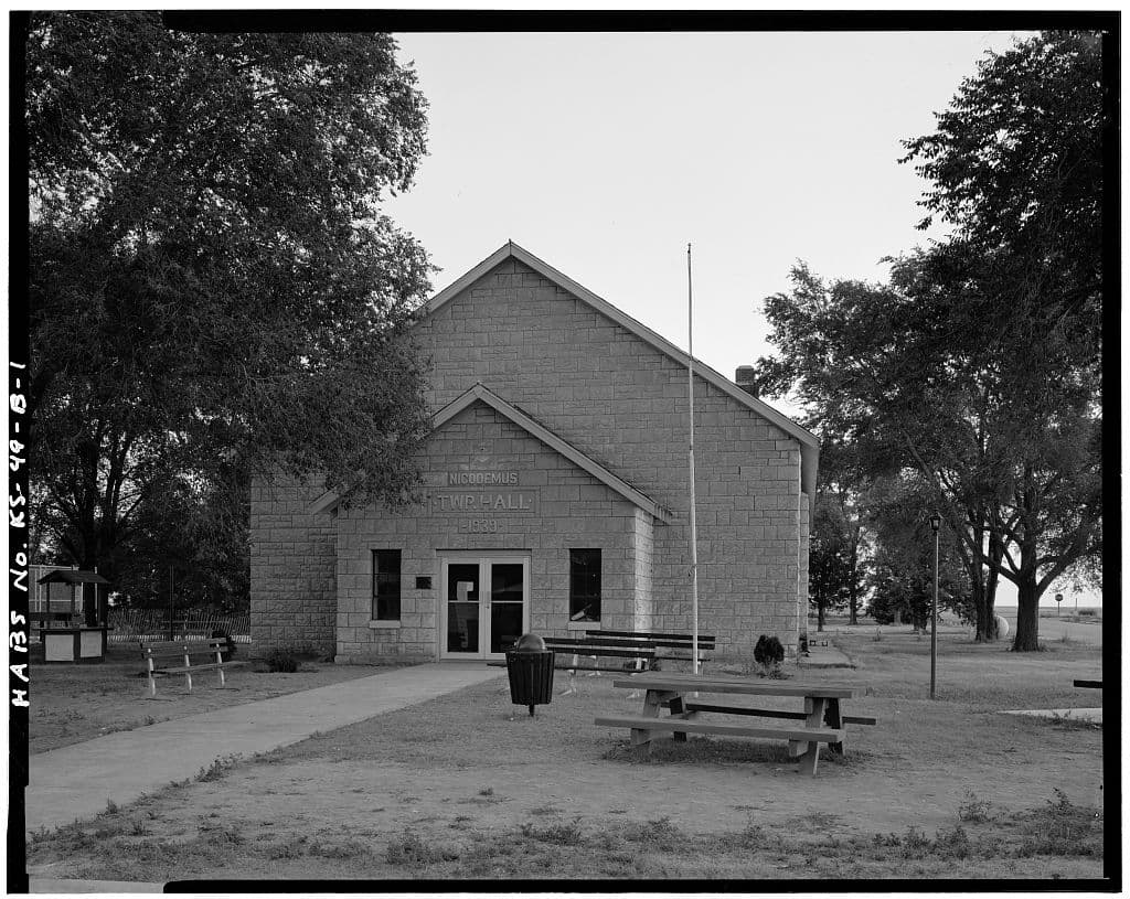 Nicodemus Township Hall, built in 1939 and photographed for the survey in 1983.