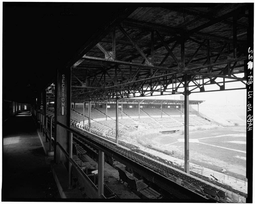 Looking northwest along the upper deck, from the top tier of the grandstand.