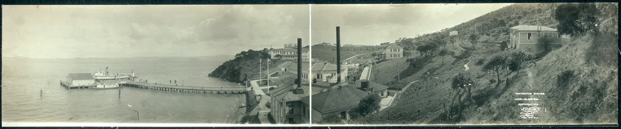 The immigration station from the water about 1915, on a panoramic print a metre wide.