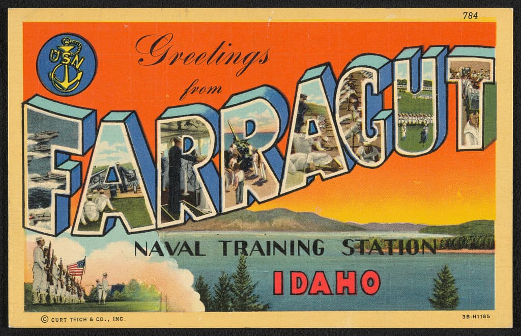 A souvenir postcard of the naval training station at Farragut, Idaho, 1944.
