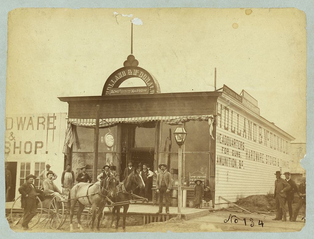 A group in front of the Holland and McDonald hardware store at Broken Bow, Nebraska, about 1886.