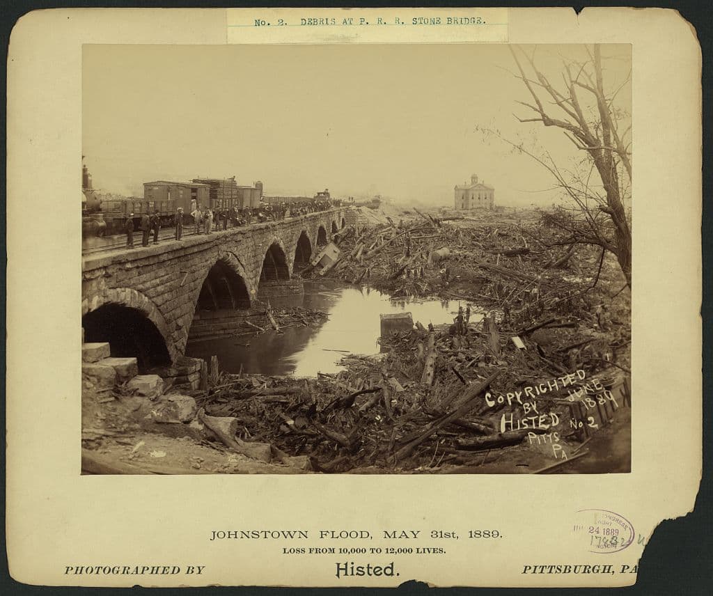 Debris at the Pennsylvania Railroad stone bridge, where the wreckage caught fire and burned for three days.