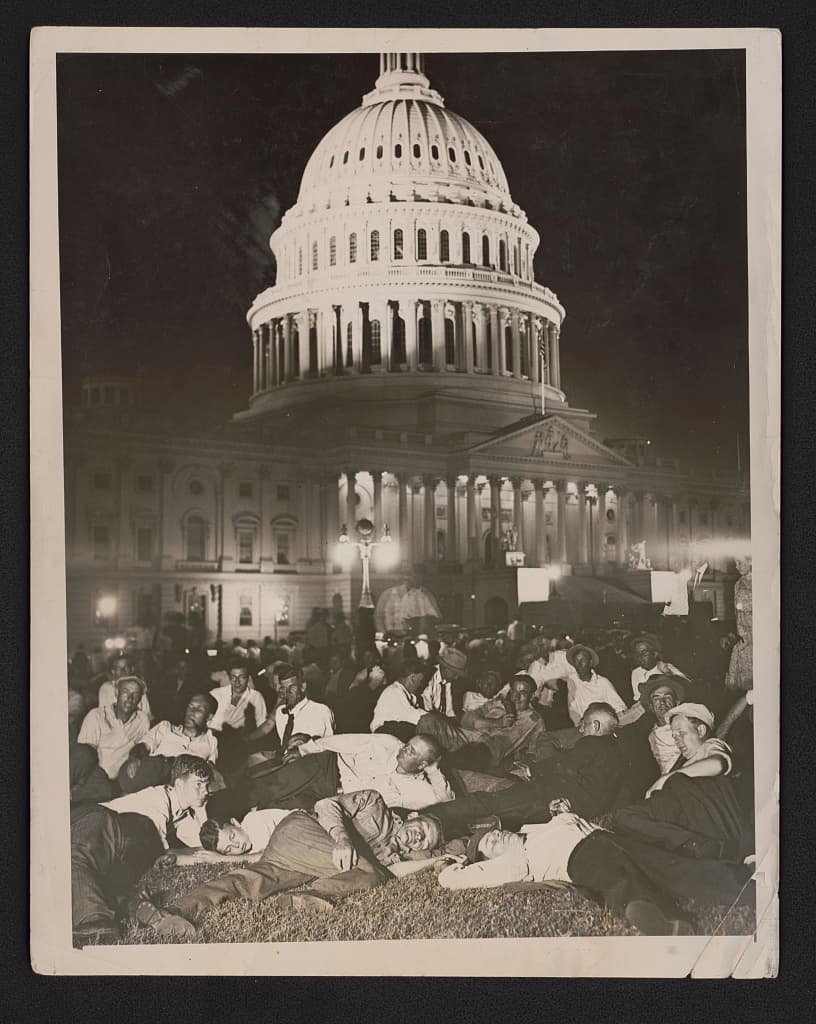 Veterans sleeping on the Capitol lawn, 13 July 1932, waiting on a bonus not payable until 1945.