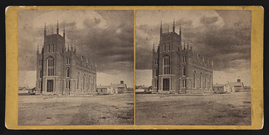 A Methodist church in Denver, 1865 to 1870. One of the first Methodist services here was held in her house.