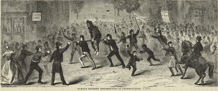 Famous whiskey insurrection in Pennsylvania: an 1880 book illustration of a collector tarred and feathered.