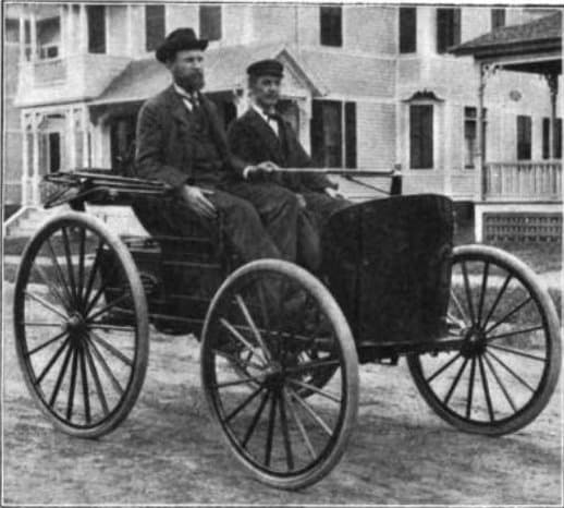 Charles, at left, and J. Frank Duryea in the 1894 car, from a 1908 history of the industry.