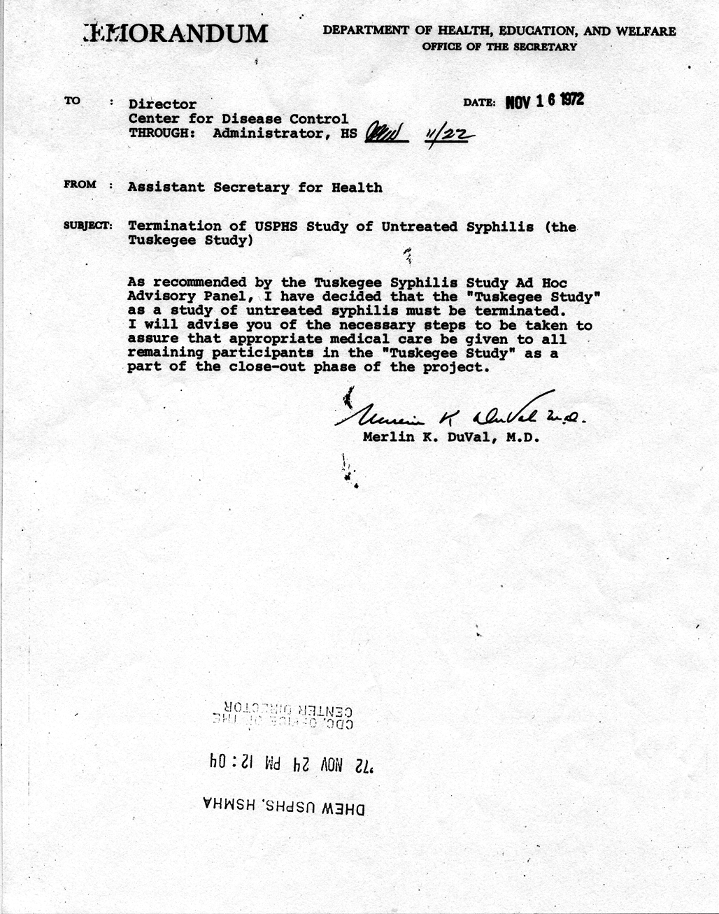 The 1972 memorandum ordering the study terminated, forty years after it began.