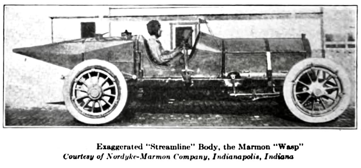 The Marmon Wasp, shown in a cyclopedia of automobile engineering as an exaggerated streamline body.