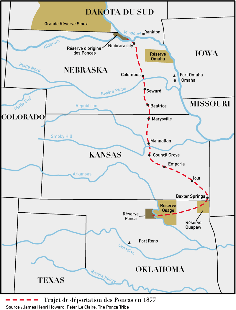 The route of the Ponca removal of 1877. He went to court for the right to walk back north and bury his son.