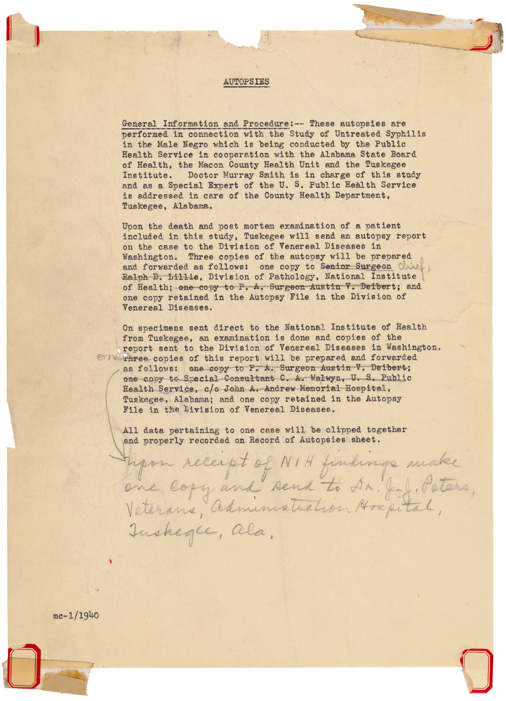 A study document asking that when the men died an autopsy be performed and the results sent on.