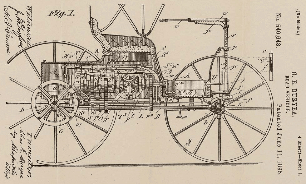 The patent drawing for C. E. Duryea's road vehicle, number 540,648, granted 11 June 1895.