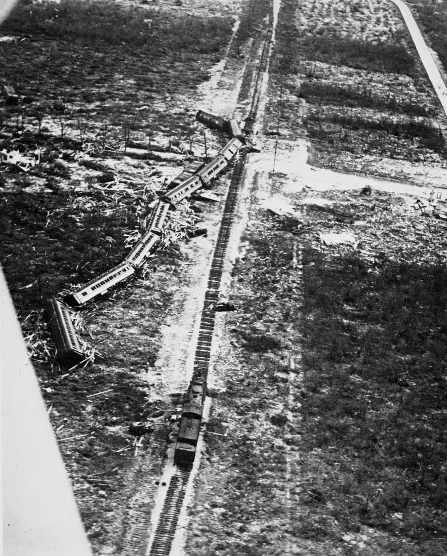 The rescue train, thrown from the track by the storm surge, 5 September 1935.