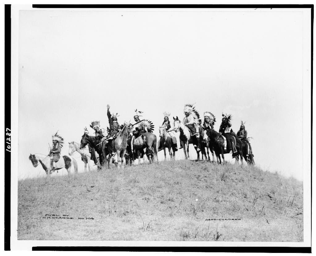 Ponca riders posed on horseback at the ranch near Bliss, Oklahoma.