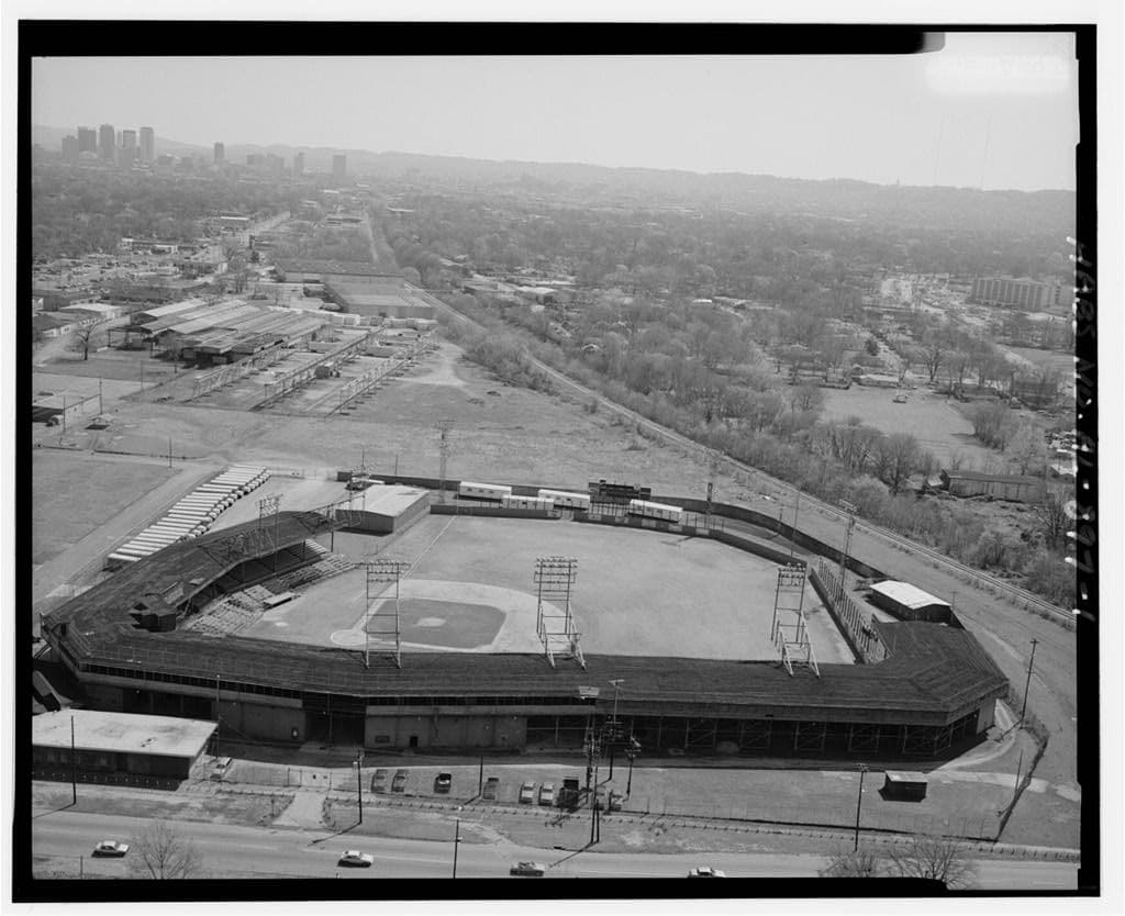 The ballpark from the air, looking west, in survey documentation.