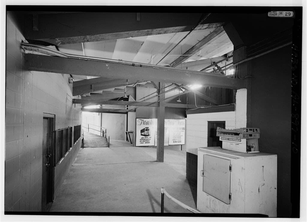 Ticket windows and steel structure inside the entrance concourse.
