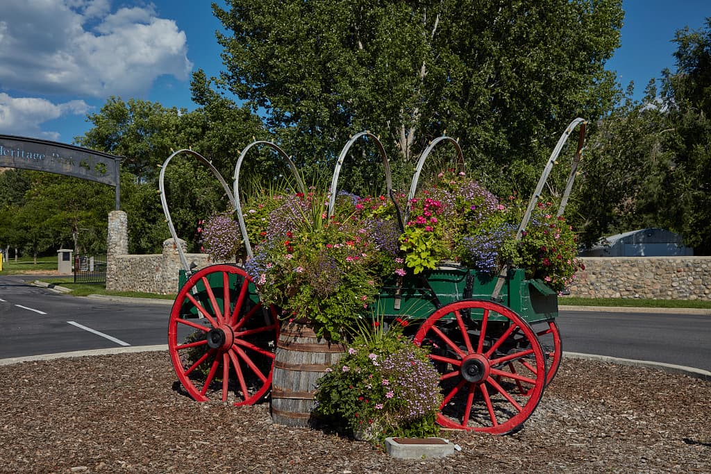 A decorated pioneer wagon at This Is The Place Heritage Park, photographed in 2022.