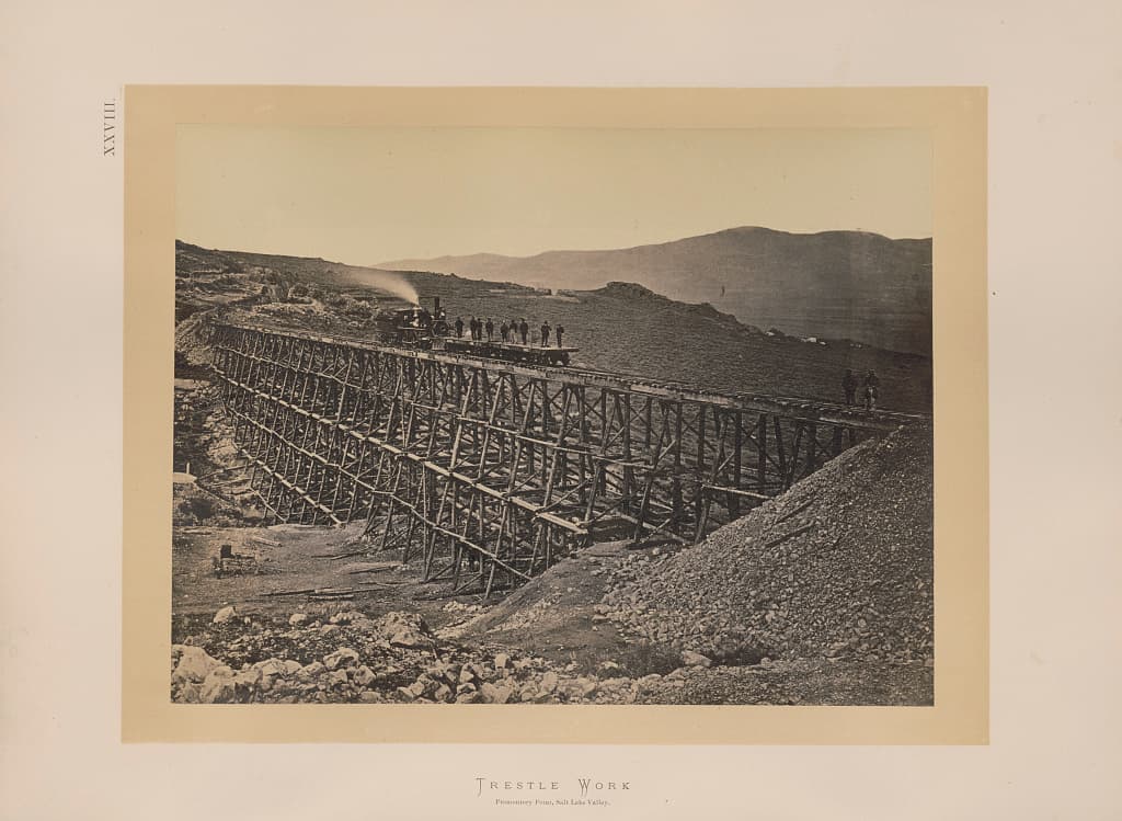 Trestle work at Promontory. The record says construction workers and does not say who they were.