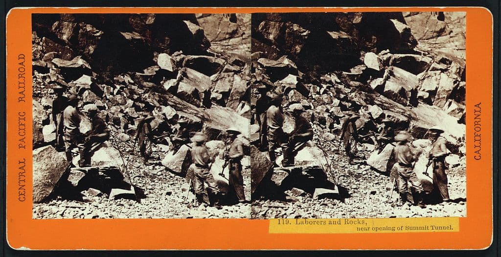 Near the opening of the Summit Tunnel. The Library's summary says the photograph shows Chinese railroad workers.