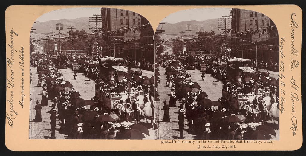 Utah County in the Grand Parade, 23 July 1897, on a stereograph card. Two frames, one view.