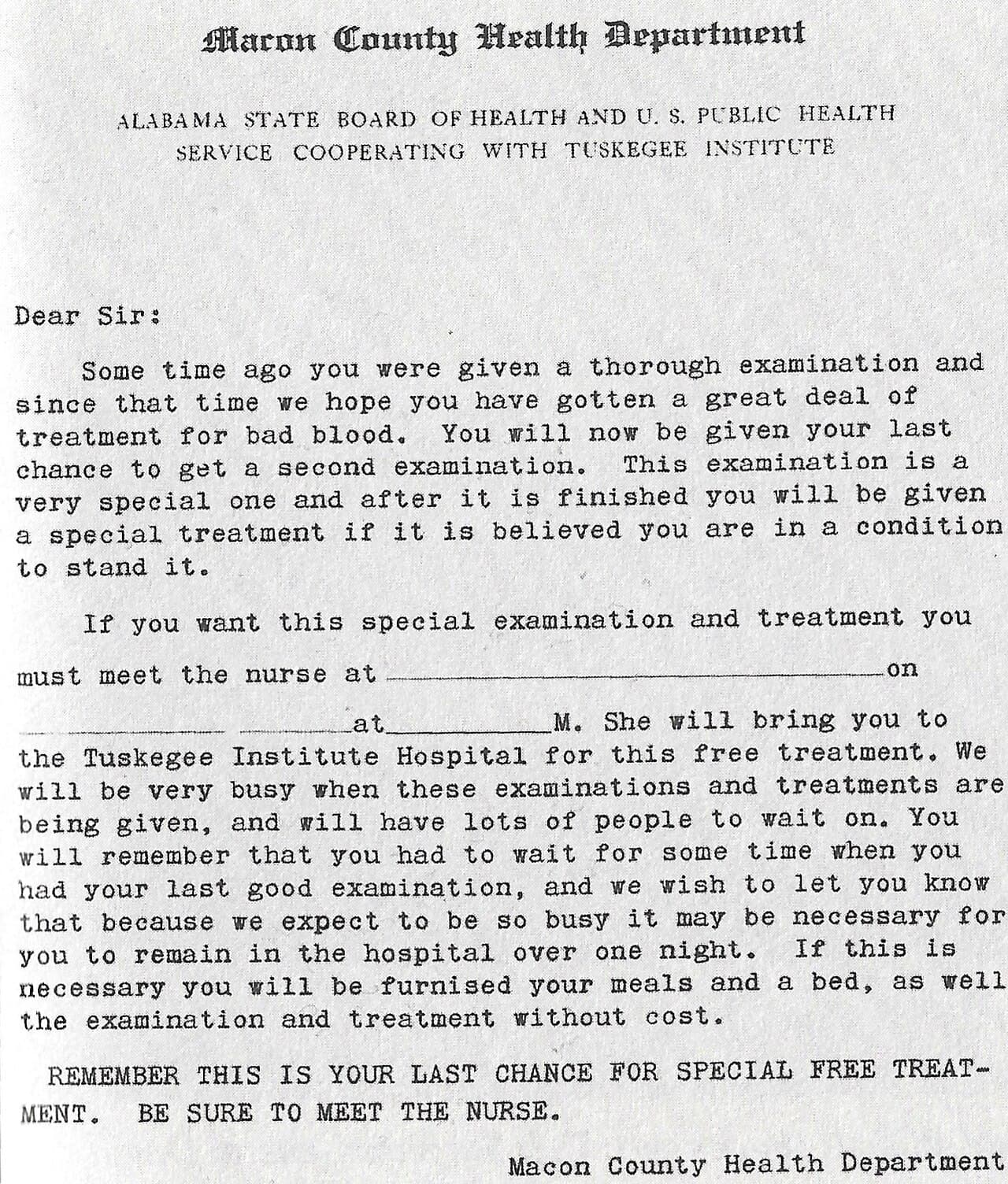 The letter offering a last chance at special free treatment. The treatment was a diagnostic spinal tap.