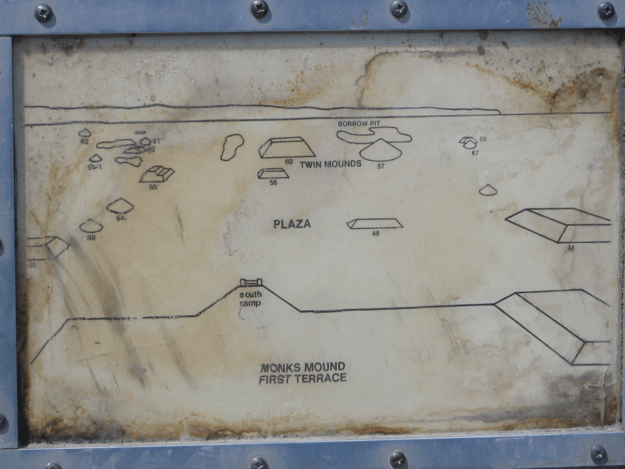 The plaque at the top of Monks Mound, showing the plaza and the terraces below.