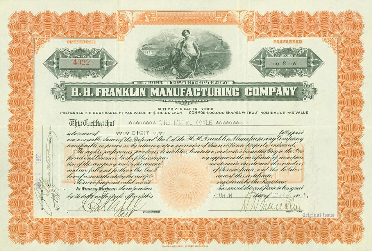 A share certificate of the H. H. Franklin Manufacturing Company, issued in March 1921.