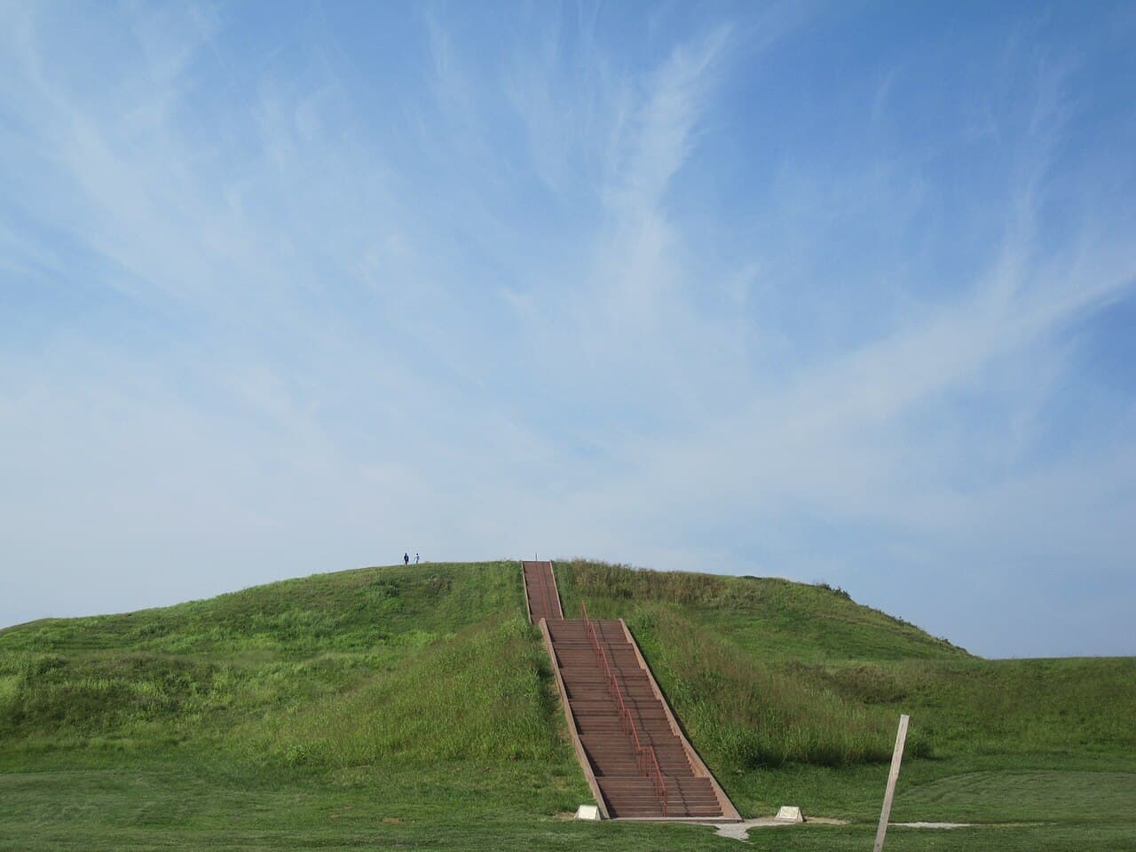 The modern stairway climbing the face of Monks Mound.