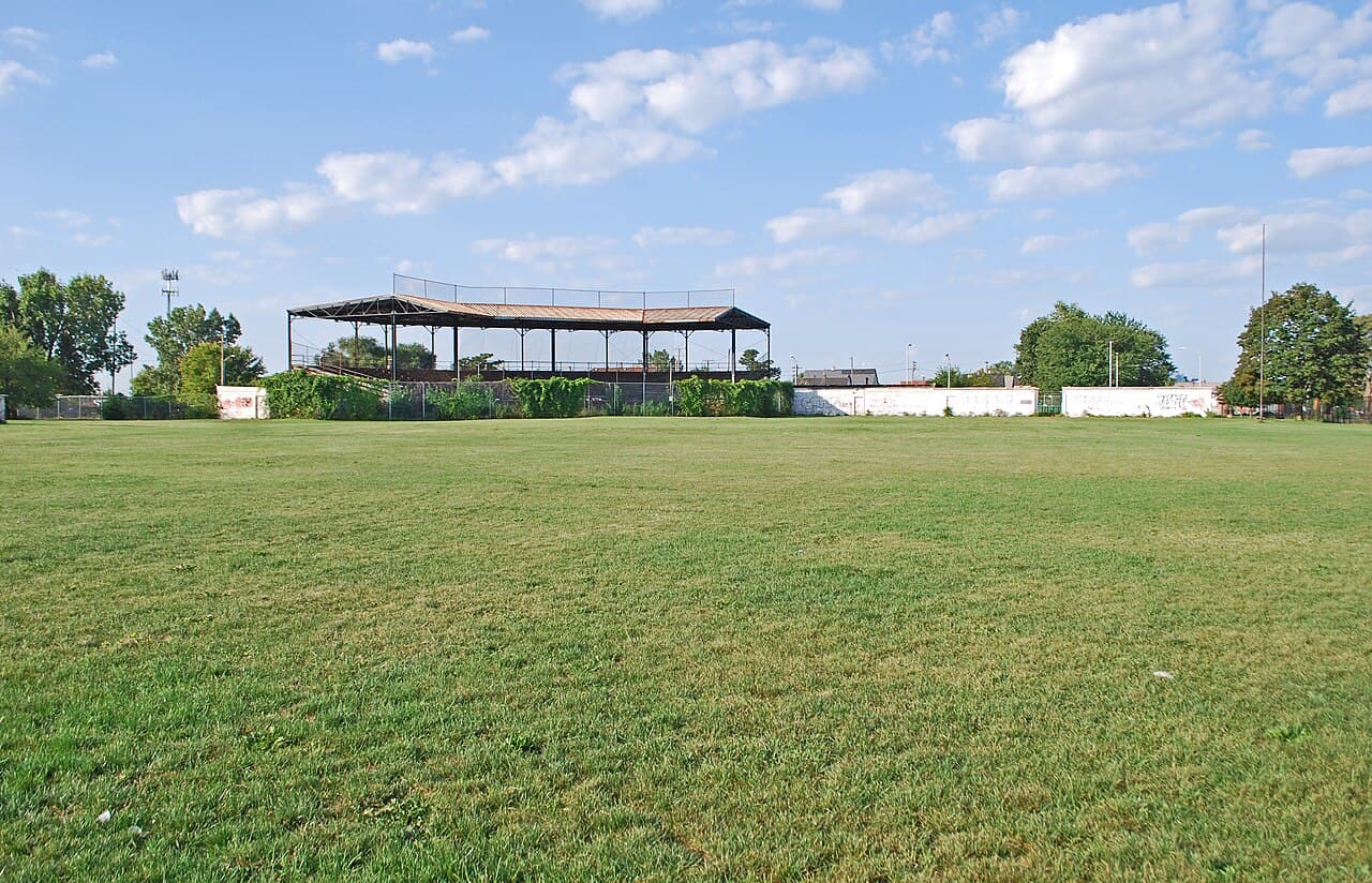 The field seen from center field, with the grandstand beyond.
