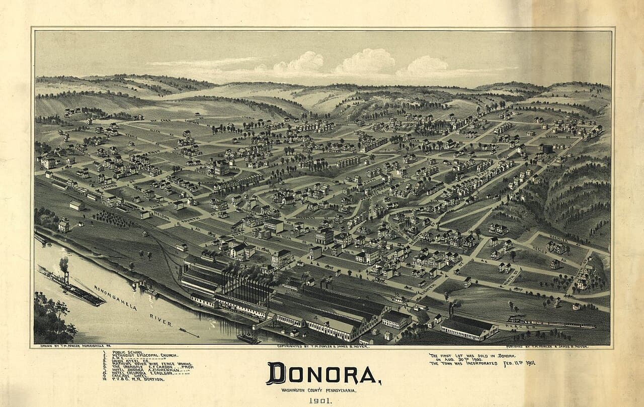 A bird's-eye view of Donora drawn in 1901, the mills laid out along the river.