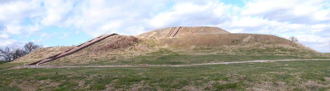 Monks Mound, a pre-Columbian earthwork at the Cahokia site near Collinsville, Illinois.