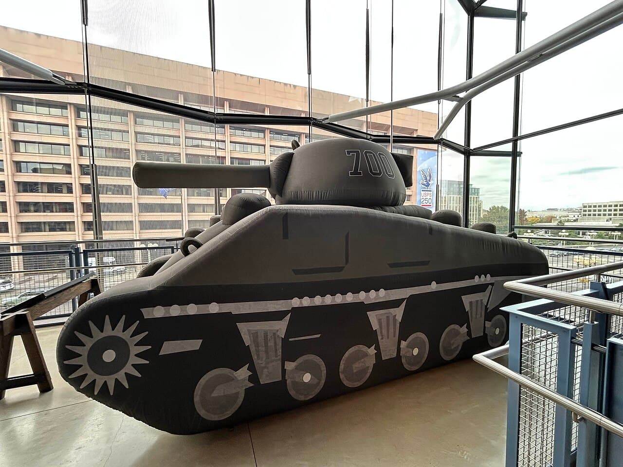 An inflatable dummy tank of the kind the unit used, on display at the International Spy Museum.