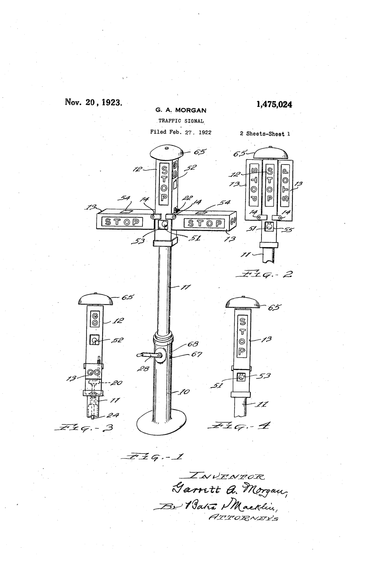 The drawing filed with patent 1,475,024, the hand cranked traffic signal, patented 20 November 1923.